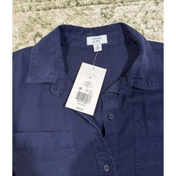 NWT Crown and Ivy Navy Blue Tencel Lyocell Button Down Top Ruffle Cuffs Size S - Picture 4 of 6